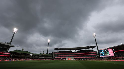 Dark clouds drift over the ground during day two of the Men's Third Test Match in the series between Australia and Pakistan at Sydney Cricket Ground on January 04, 2024 in Sydney, Australia. (Photo by Mark Evans/Getty Images)