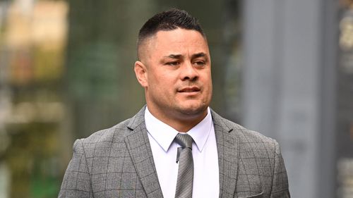 Former NRL player Jarryd Hayne arrives at the Downing Centre District Court in Sydney.