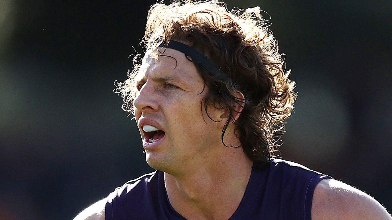 CANBERRA, AUSTRALIA - AUGUST 20: Nat Fyfe of the Dockers looks on during the round 23 AFL match between the Greater Western Sydney Giants and the Fremantle Dockers at Manuka Oval on August 20, 2022 in Canberra, Australia. (Photo by Mark Metcalfe/AFL Photos/via Getty Images)