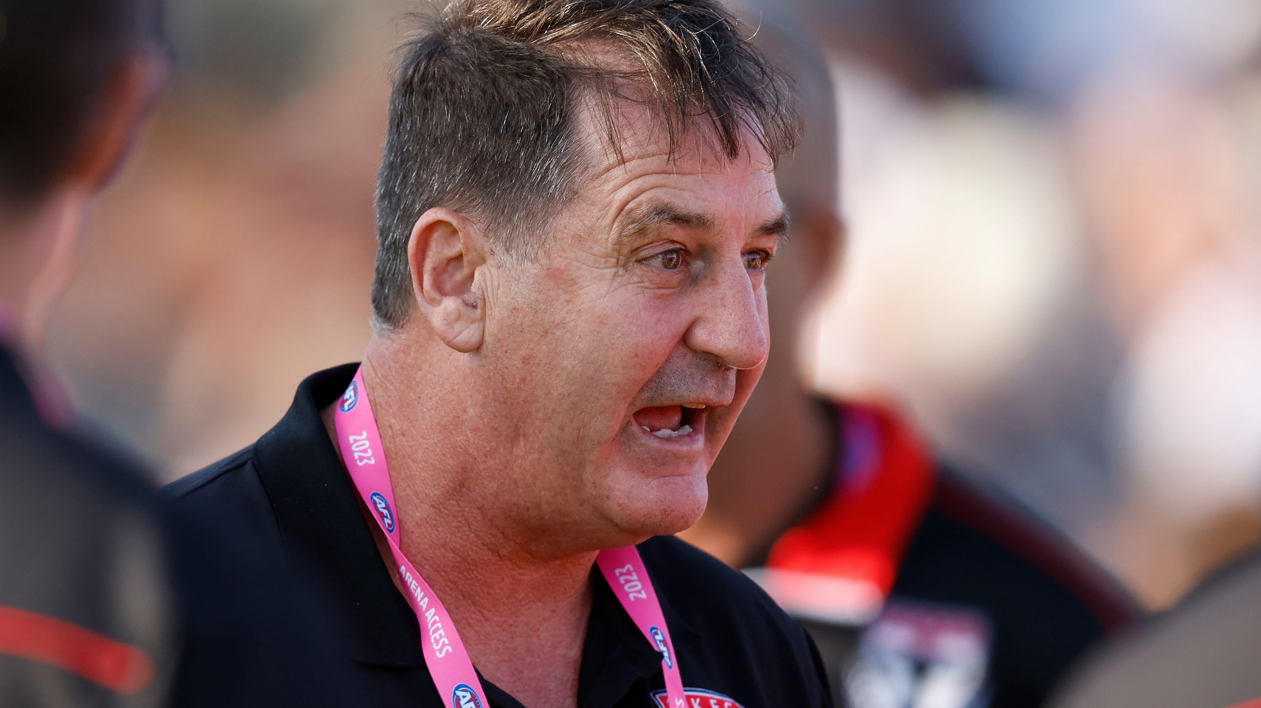 MELBOURNE, AUSTRALIA - MARCH 03: Ross Lyon, Senior Coach of the Saints addresses his players during the 2023 AFL practice match between the St Kilda Saints and the Essendon Bombers at RSEA Park on March 3, 2023 in Melbourne, Australia. (Photo by Michael Willson/AFL Photos)