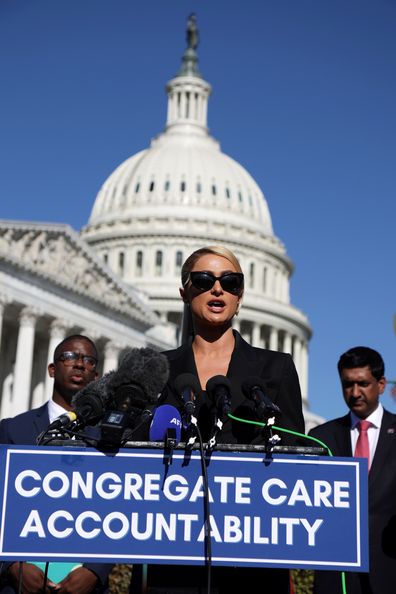 Paris Hilton speaks during a news conference outside the U.S. Capitol October 20, 2021 in Washington, DC.