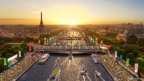 Aerial view of Paris with Eiffel tower and Seine river