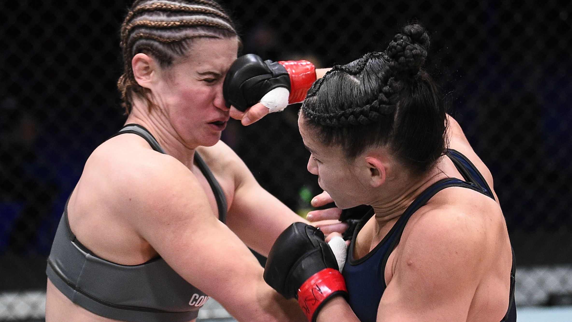 Chelsea Hackett lands a punch on Victoria Leonardo in their women&#x27;s flyweight bout during Dana White&#x27;s Contender Series in 2020.