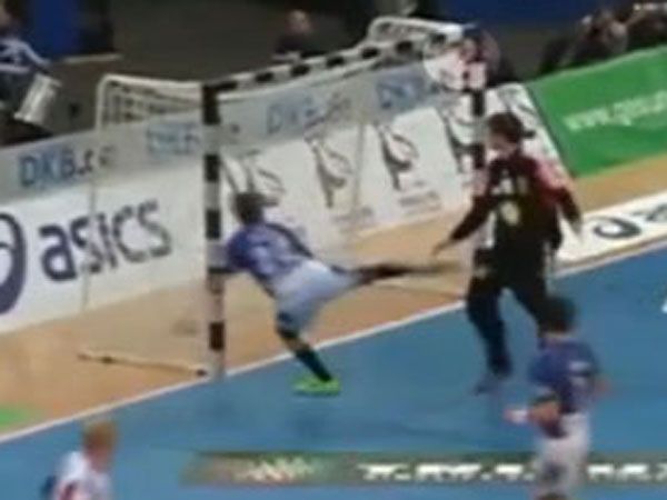 Handballer foiled by goal frame