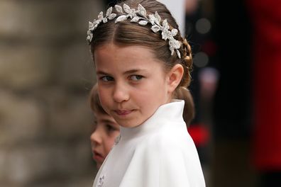 LONDON, ENGLAND - MAY 6: Princess Charlotte and Prince Louis arriving at Westminster Abbey, central London, ahead of the coronation ceremony of King Charles III and Queen Camilla on May 6, 2023 in London, England. The Coronation of Charles III and his wife, Camilla, as King and Queen of the United Kingdom of Great Britain and Northern Ireland, and the other Commonwealth realms takes place at Westminster Abbey today. Charles acceded to the throne on 8 September 2022, upon the death of his mother,