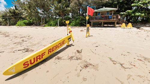 Swimmers and tourists alike were forced to abandon waters at Four Mile Beach at Port Douglas following the croc being spotted up against the protection nets. 