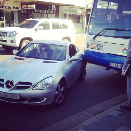 A bus driver and Mercedes have an unfortunate collision in Double Bay.