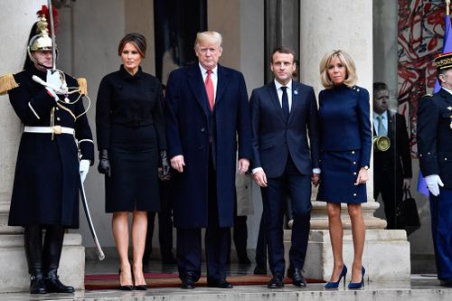 French President Emmanuel Macron welcomes US President Donald Trump for bilateral talks at the Elysee Palace in Paris on November 10, 2018.