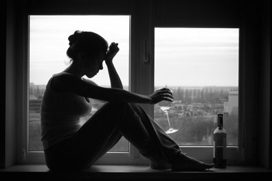 Sad young woman sitting on the window, drinks wine.