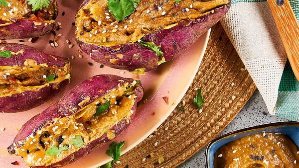 Microwave sweet potatoes with miso tahini butter