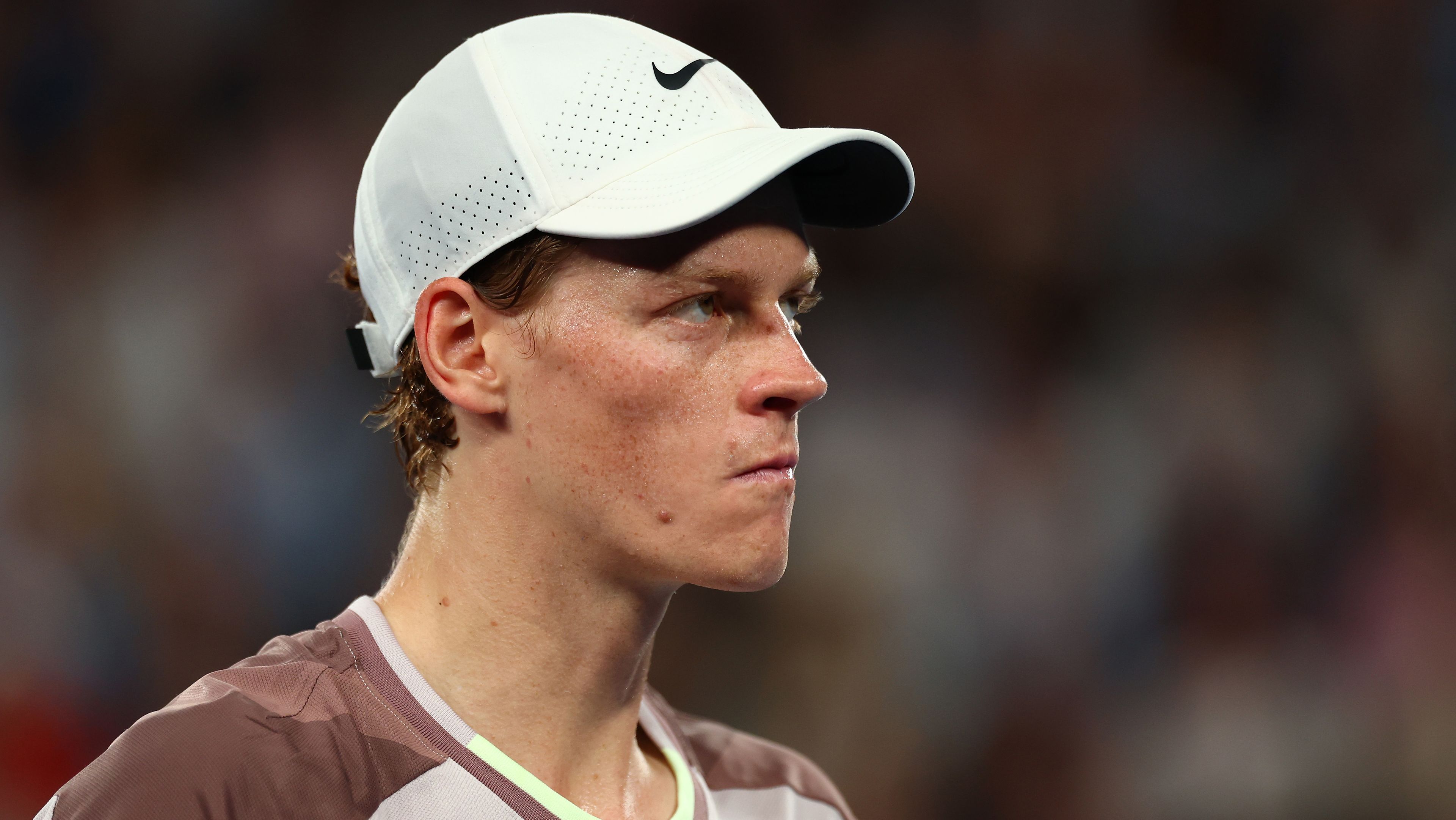 MELBOURNE, AUSTRALIA - JANUARY 28: Jannik Sinner of Italy looks on during their Men&#x27;s Singles Final match against Daniil Medvedev during the 2024 Australian Open at Melbourne Park on January 28, 2024 in Melbourne, Australia. (Photo by Graham Denholm/Getty Images)