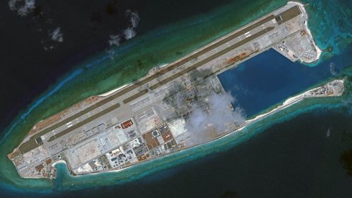 DigitalGlobe overview imagery of the Fiery Cross Reef located in the South China Sea. Fiery Cross is located in the western part of the Spratly Islands group.