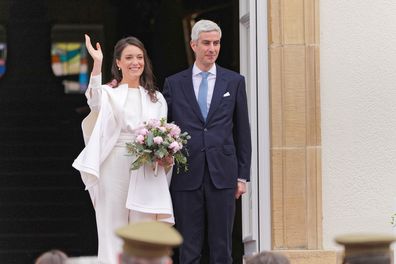 LUXEMBOURG, LUXEMBOURG - APRIL 22: Her Royal Highness Alexandra of Luxembourg & Nicolas Bagory greet the crowd as they arrive for their Civil Wedding at Luxembourg City Hall on April 22, 2023 in Luxembourg, Luxembourg. (Photo by Sylvain Lefevre/Getty Images)