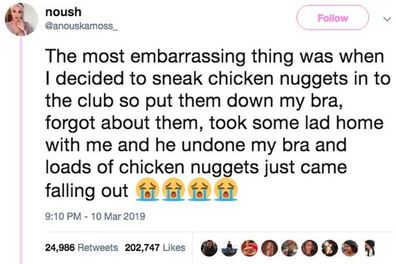 Woman stashes chicken nuggets in bra then forgets them