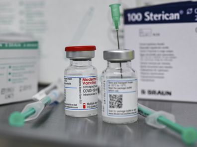 Small bottles containing Moderna's active ingredient for a Corona vaccination are pictured at the vaccination centre in Eberswalde, Germany, Wednesday, Jan. 27, 2021. (Patrick Pleul/dpa via AP)