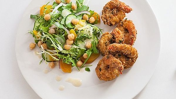 Zigi's falafel-coated prawns