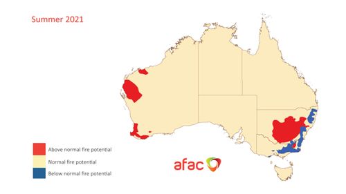 AFAC's map shows the higher and lower risk bushfire regions over summer.