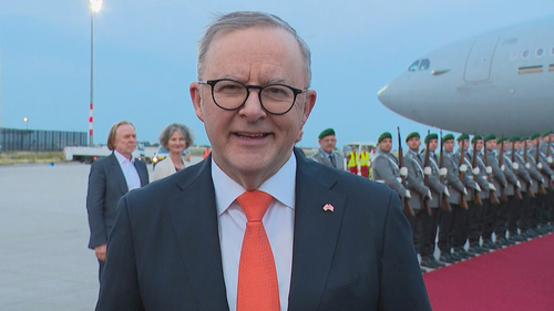 Anthony Albanese spoke to reporters after he touched down in Berlin, Germany. 