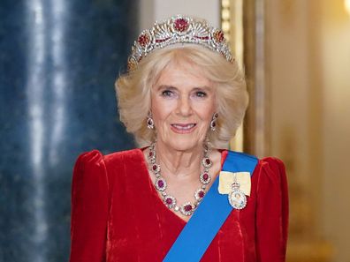 Queen Camilla wearing the late Queen Elizabeth II's Burmese Ruby Tiara