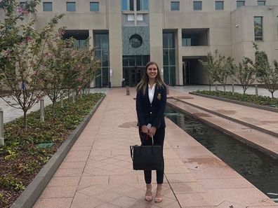 Brittany Higgins on her first day working at Parliament House in Canberra.