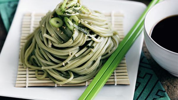 Zaru soba with tempura prawns