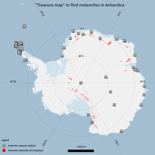 'Treasure map' to find meteorites in Antarctica. Also indicates the Antarctic research stations (as listed by COMNAP, https://www.comnap.aq/). 