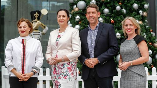 Queensland Premier Anna Palaszczuk (2nd from right) with her new economic team- Jackie Trad (left), Cameron Dick and Kate Jones (right). (Image: AAP)