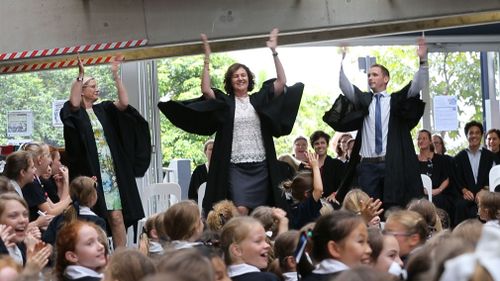 Susan Forbes (centre) performs the Borobi Boogie as she farewells St Margaret's Anglican Girls School. (Image: Supplied)