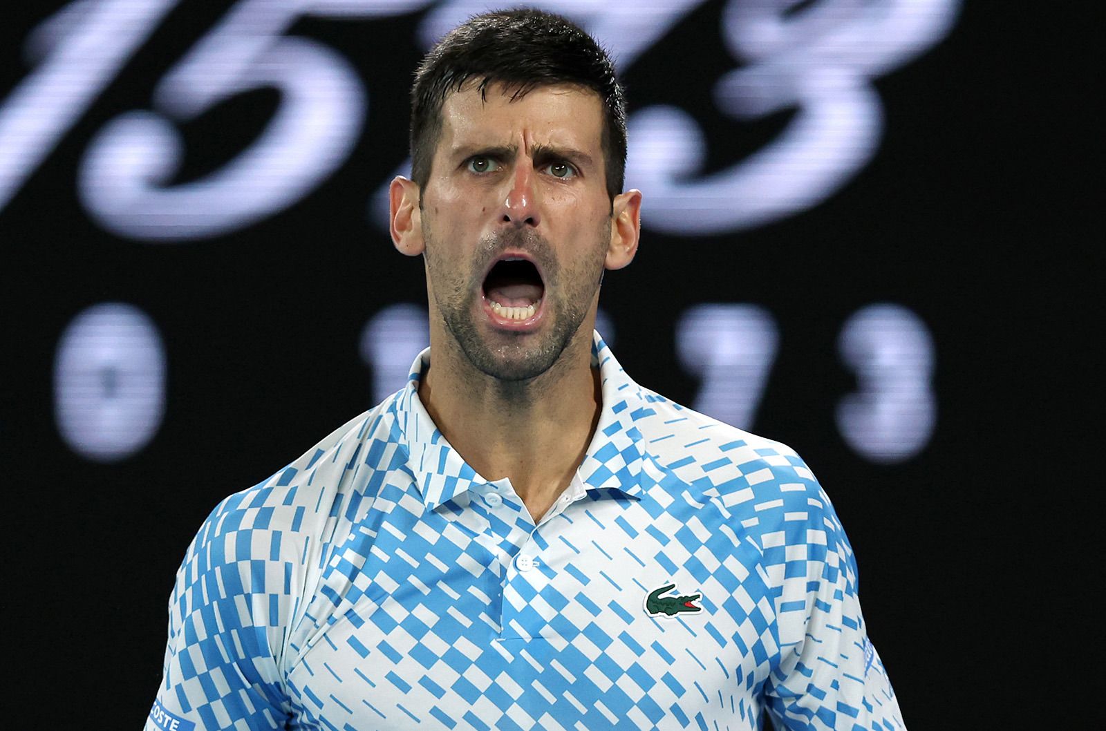 Novak Djokovic reacts during the Australian Open final against Stefanos Tsitsipas.