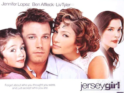 Jersey Girl film poster, featuring Ben Affleck, Jennifer Lopez and Liv Tyler. Lopez reportedly is wearing the wedding dress she later re-wore for her first Vegas wedding with Affleck on July 16, 2022.