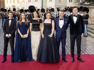 Denmark's Prince Vincent, Princess Josephine, Queen Mary, Princess Isabella, King Frederik X and  Crown Prince Christian arrive as Princess Isabella's 18th birthday is celebrated with a birthday performance at the Royal Theatre's Old Stage in Copenhagen on Tuesday, April 15, 2025.