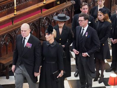 Mike Tindall and Zara Tindall, Princess Eugenie and Jack Brooksbank, Princess Beatrice and Edoardo Mapelli Mozzi, Lady Louise Windsor and James, Viscount Severn attend the State Funeral of Queen Elizabeth II, held at Westminster Abbey