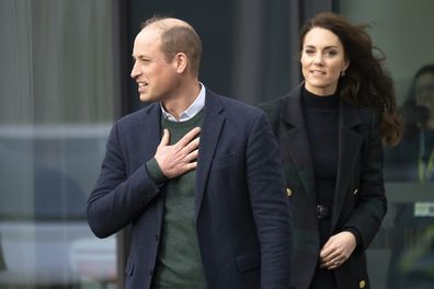 Prince William, Prince of Wales and Catherine, Princess of Wales arrive for their visit to Royal Liverpool University Hospital on January 12, 2023 in Liverpool, England.