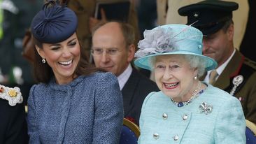 NOTTINGHAM, ENGLAND - JUNE 13:  Catherine, Duchess of Cambridge and Queen Elizabeth II watch part of a children&#x27;s sports event while visiting Vernon Park during a Diamond Jubilee visit to Nottingham on June 13, 2012 in Nottingham, England.  (Photo by Phil Noble - WPA Pool/Getty Images)
