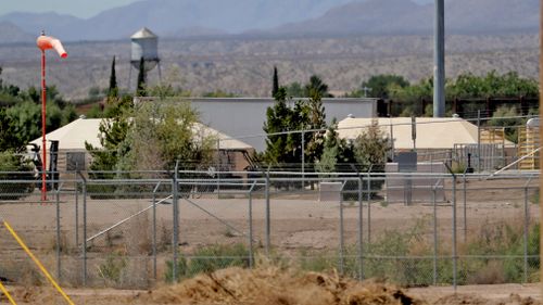 Tent shelters used to hold separated migrant family members along the Mexico-US border in Fabens, Texas. Picture: AP