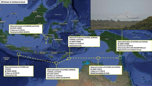 A Department of Defence map shows a timeline of events leading to the laser attack