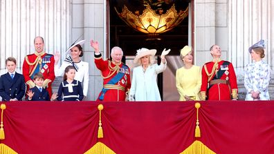 Prince George of Wales, Prince William, Prince of Wales, Prince Louis of Wales, Catherine, Princess of Wales, Princess Charlotte of Wales, King Charles III, Queen Camilla, Sophie, Duchess of Edinburgh, Prince Edward, Duke of Edinburgh and Lady Louise Windsor on the balcony during Trooping the Colour at Buckingham Palace on June 15, 2024 in London, England. 