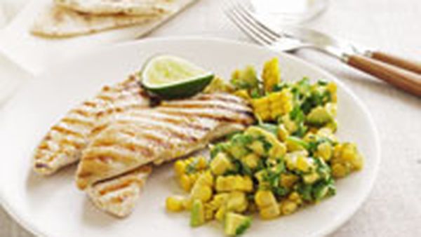 Seared chicken with avocado and corn salsa