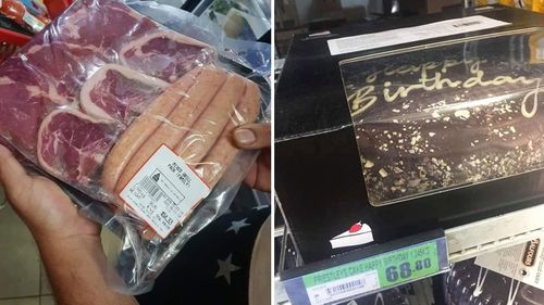 Photos showing a $54 meat pack, and a $68 birthday cake being sold in remote Australian communities.
