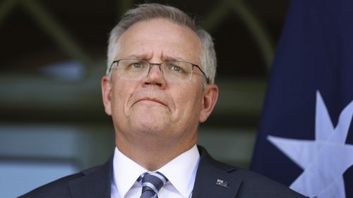 Prime Minister Scott Morrison during a press conference at The Lodge in Canberra
