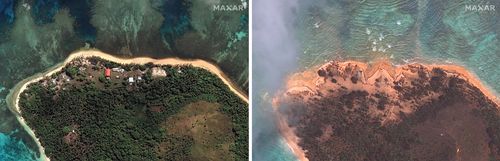 Maxar Technologies 提供的这些卫星图像的组合显示了 2020 年 8 月 17 日（左）和 2022 年 1 月 20 日（右）在汤加群岛中芒果岛的概况，显示了 1 月 15 日喷发后的破坏。 