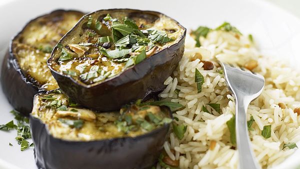 Roasted eggplant with spiced rice