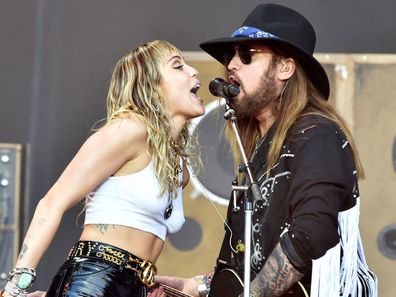 GLASTONBURY, ENGLAND - JUNE 30: Billy Ray Cyrus performs with Miley Cyrus on The Pyramid Stage during day five of Glastonbury Festival at Worthy Farm, Pilton on June 30, 2019 in Glastonbury, England. (Photo by Shirlaine Forrest/WireImage)
