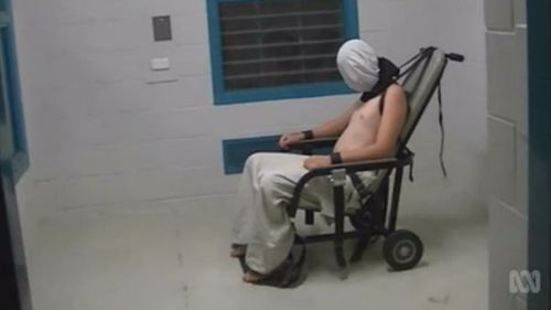 Not Abu Ghraib: Dylan Voller is shackled into a chair at Don Dale, NT. Source: AAP