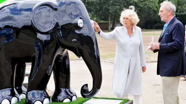 Camilla and Mark Shand with fibreglass elephant