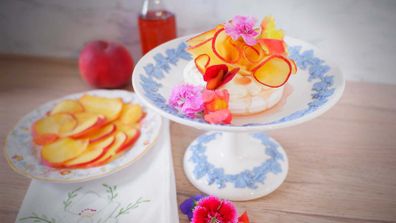 Peach and vanilla syrup with rosewater goes perfectly on a peachy pav