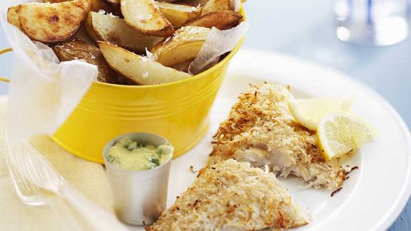 Coconut fish and chips with lemon coriander mayo