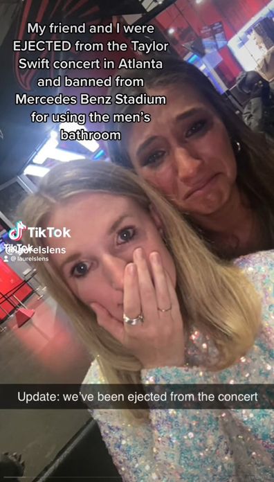 Laurel and her friend were ejected from a Taylor Swift concert for using the men's bathroom due to the long lines at the women's ones.