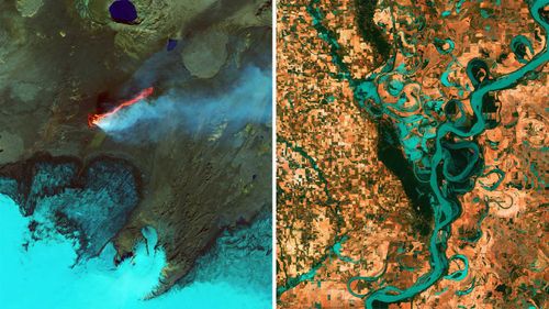 The space agency shared these two Landsat images on Instagram. On the left is the Holuhraun volcanic eruption in Iceland. The right shows the Mississippi River - North America's largest river system.