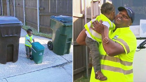 Toddler greets garbage man idol with tiny recycling bin